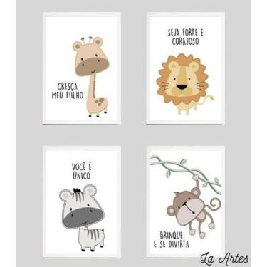 Imagem de Quadro Decorativo Quarto Bebe Animais Safari Personalizado Kit 4 peças