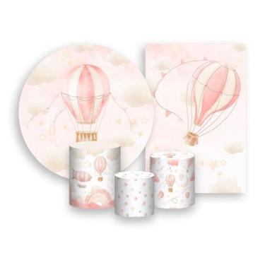 Imagem de Kit 2 Painéis De Festa + Trio De Capas Cilindro - Céu Balões Cute Rosa