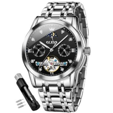 Imagem de OLEVS Relógio masculino automático, esqueleto, fase, lua, mostrador luxuoso, pulseira de aço inoxidável, 5 ponteiros, diamante masculino, Prateado, preto, Relógio automático, mecânico, corda