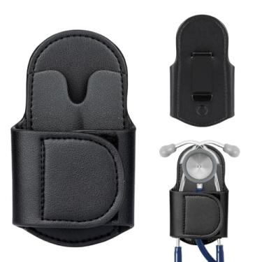 Imagem de doufuhua suporte de estetoscópio de couro preto premium, clipe de quadril compatível com littmann e a maioria dos estetoscópios, suporte de clipes de coldre de estetoscópio adequado para enf