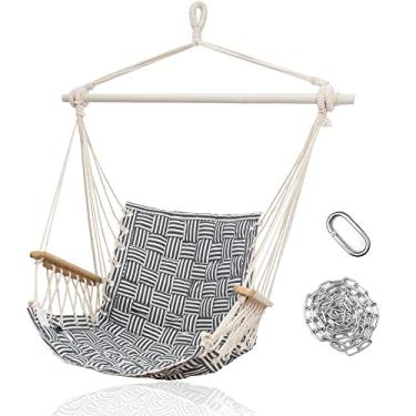 Imagem de ROOITY Cadeira de rede suspensa com apoios de braços de madeira; barra de aço e anéis antiderrapantes; tecido de algodão; até 180 kg para quarto, pátio, varanda, deck-interior e exterior