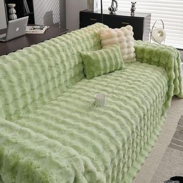 Imagem de Capa luxuosa de sofá de pelúcia de coelho, 1/2/3 do lugar, não deslizamento, compatível com Shape L.(Green,180-150cm)