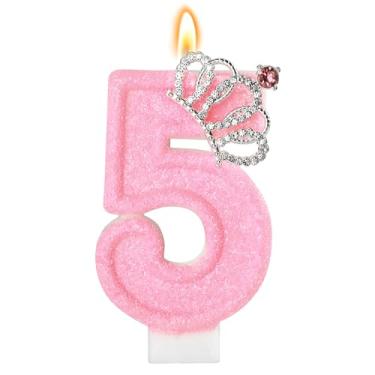 Imagem de Vela de aniversário rosa coroa número 5 velas para bolo, enfeite de bolo de aniversário rosa, decorações de cupcake, decoração de festa para meninas e mulheres, comemorações de aniversário,