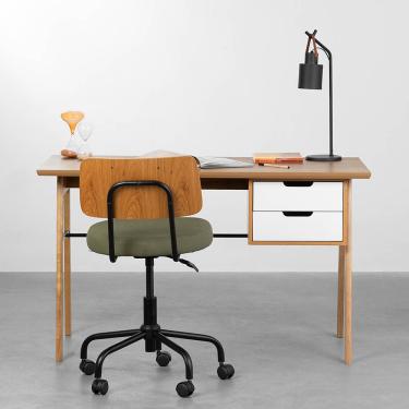 Imagem de Conjunto Office - Escrivaninha Vintage com 2 Gavetas Feijó e Branco 1,30m + Cadeira de Escritório Cult Freijó e Verde Musgo