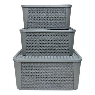 Imagem de Kit 3 Caixas Organizadoras Tampa Rattan Retangular Plasnew, Cinza