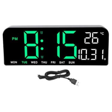 Imagem de Despertador digital QANYEGN, grande relógio de parede de mesa com tela de LED, relógio com tela de temperatura, data da semana, brilho ajustável, tela de 12 24 horas para quarto (Verde)