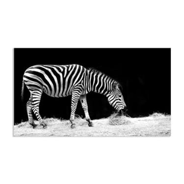 Imagem de Decoração de parede com estampa de zebra, imagem preta e branca comendo grama, pintura animal preto e branco, closeup, relaxamento/calmo, sala de estar, quarto, decoração de casa, pôster 110 x 60 cm