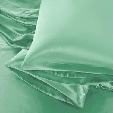 Imagem de Aormenzy Fronhas de cetim para mulheres, tamanho king, conjunto de 2, fronhas de cetim verde menta para cabelo com fecho de envelope, capas de almofada sedosas, resistentes a rugas, desbotamento (50 x