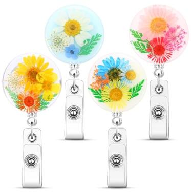 Imagem de Conjunto de 4 carretéis de identificação florais práticos com desenhos artísticos de flores, carretilhas retráteis de enfermagem para profissionais de saúde, materiais de trabalho funcionais (amarelo)