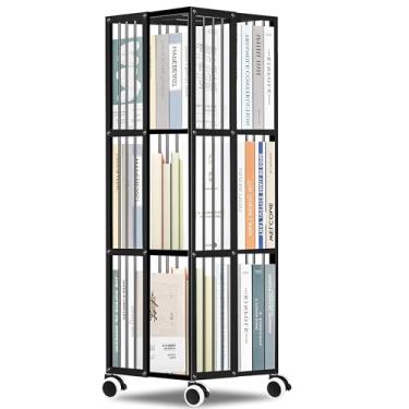 Imagem de Estante Giratória de Ferro Forjado, Estante de Livro, Torre de Estante Giratória de 3 Camadas com Rodas, Estante Giratória com Moldura de Metal, Escritório Estante Giratória de Ferro