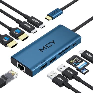 Imagem de MCY Estação de ancoragem para laptop único 8K, monitor duplo 4K a 60Hz, hub Ethernet USB C 10 em 1, vários adaptadores USB-C para HDMI PD100W, porta de dados USB, SD/TF, base dongle tipo C para