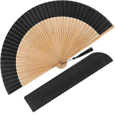 Imagem de BAICFQUK Ventoinhas de mão para mulheres, dobrável, leque portátil, chinês, japonês, vintage, bambu, seda, dobrável, leque para presente de festival de música de dança (castanho-bambu-S)