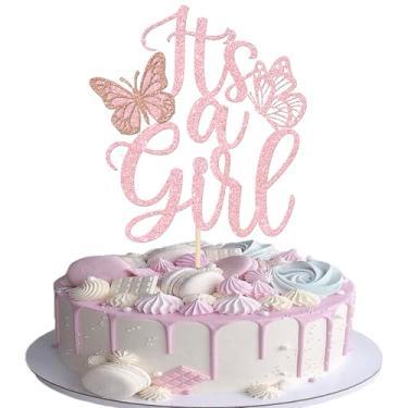 Imagem de Rsstarxi 1 pacote com enfeite de bolo It's a Girl Pink Glitter Butterfly Cake Pick para tema de revelação de gênero chá de bebê menina festa de aniversário decoração de bolo suprimentos