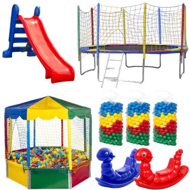 Imagem de Kit Cama Elástica Pula Pula 3,05m 3m + Piscina de Bolinhas Oitavada 2,00m + 1500 Bolinhas + Escorregador Médio + 2 Gangorras 1 Lugar