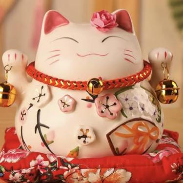 Imagem de Ornamento de cerâmica de gato da sorte de 11,4 cm abrindo loja caixa de presente cofrinho - A15