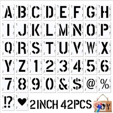 Imagem de Estênceis de letras 5 cm, estênceis reutilizáveis de letras e números, 42 peças de letras de estêncil de tinta spray, modelos de alfabeto, kit de estêncil interligados para pintura na parede, tecido