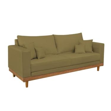 Imagem de Sofá Living 3 Lugares Linho Resistente Madeira + Almofadas Capuccino