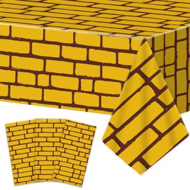 Imagem de 3 peças toalhas de mesa de feiticeiro de tijolos amarelos com tema de bruxa de Halloween decorações de festa de aniversário de princesa pano de fundo de parede de pedra medieval descartável plástico