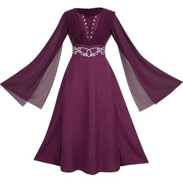 Imagem de Mambabacosp Vestido vintage feminino renascentista verde roxo frontal com cadarço manga longa com faixa na cintura (roxo, P)