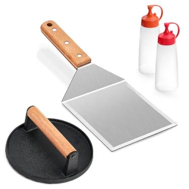 Imagem de Joyfair Kit de acessórios de chapa de 4 peças (prensa de hambúrguer + espátula de grelha + garrafas de espremer), torneiras de aço inoxidável 18/10 com prensa de bacon de ferro fundido, para fazer