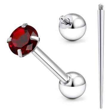 Imagem de Ruifan ASTM F136 Piercing de língua de titânio piercing de barra anéis de língua com rosca interna vermelho CZ sólido titânio labret piercing de bochecha joias para mulheres homens 14G 16 mm