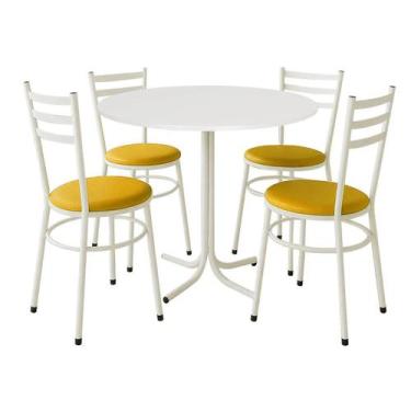 Imagem de Mesa de Jantar Redonda 80cm Branca Com 4 Cadeiras Estofada Branca - La