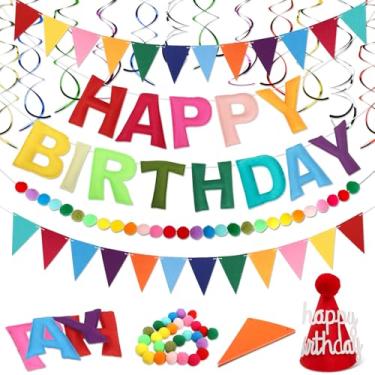 Imagem de Conjunto de faixa de feliz aniversário pré-amarrado - Guirlanda de bola de feltro, chapéu de aniversário de feltro e bandeiras flâmulas e redemoinho colorido para pendurar, decorações de festa