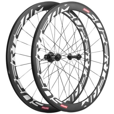 Imagem de Rodas de bicicleta Superteam de fibra de carbono 700C, aro clincher, conjunto de rodas de 50 mm, acabamento fosco, 23 mm de largura (decalque branco)
