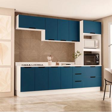 Imagem de Cozinha Completa com Tampo e Rodapé Meena 10 Portas 4 Gavetas Azul e Branca