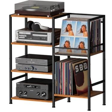 Imagem de Mesa de suporte para toca-discos com suporte de armazenamento de discos de vinil para mais de 200 álbuns, mesa de console de console de mídia pequena, torre de suporte estéreo, prateleira de suporte