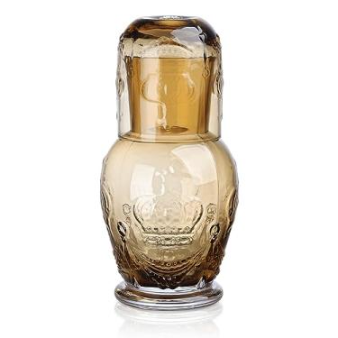 Imagem de Joeyan Conjunto de copos de vidro âmbar para cabeceira, jarra de água colorida vintage com copo, elegante jarra de água em relevo e vidro combinando para mesa de cabeceira, 25/265 g, design original, lavável na lava-louças