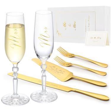 Imagem de BEKESIN Conjunto de faca e servidor de bolo de casamento com garfos, taças de champanhe de cristal estilo clássico para brindar taças para noiva e noivo, presentes de casamento para casais, presentes