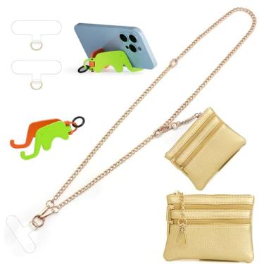 Imagem de Alça Clip and Go para celular, corrente de metal dourado com bolsa dourada, cordão de telefone transversal para mulheres com suporte para celular, 2 adesivos, ajustável, antifurto, para iPhone 16, 15