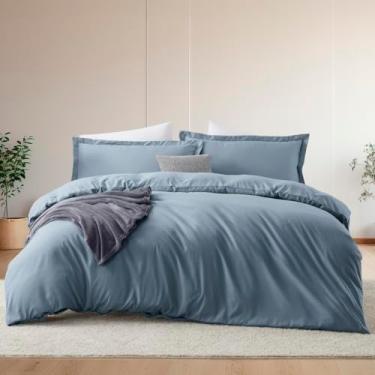 Imagem de Hearth & Harbor Conjunto de edredom King azul pedra, conjunto de cama de casal escovado, para todas as estações, com edredom, lençóis, fronhas e fronhas