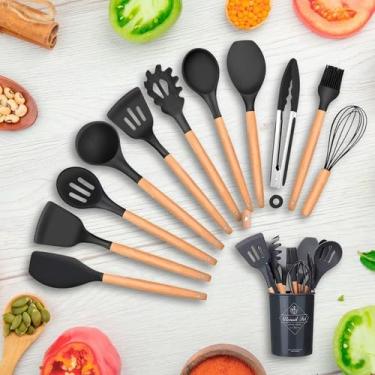 Imagem de Utensílios de Cozinha Kit 12 em Silicone e madeira – Resistentes ao Calor, Antirriscos e Ideais para Panelas Antiaderentes Conjunto Completo com Espátula, Pegador, e mais
