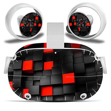 Imagem de FOTTCZ Adesivo de vinil apenas para fone de ouvido e controles de realidade virtual Oculus Quest 2, capa protetora de decalque para realidade virtual - bloco preto e vermelho