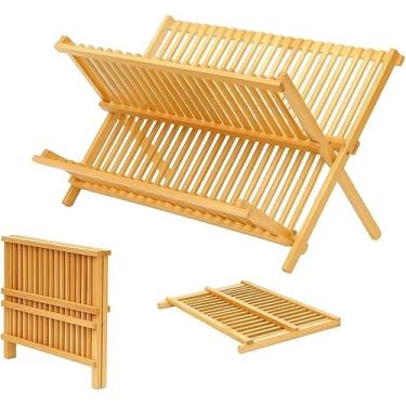 Imagem de Escorredor de Pratos de Bambu com 15 Lugares – Compacto, Dobrável e Sustentável – Ideal para Pratos e Copos – Design Natural e Resistente para Cozinha Organizada