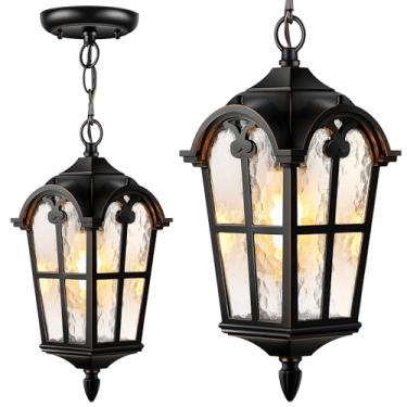 Imagem de VIANIS Lanterna pendente preta para uso externo com acabamento dourado, luzes para pendurar ao ar livre com vidro ondulado, lustre externo de alumínio para varanda à prova d'água e antiferrugem