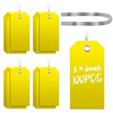 Imagem de COIHAF 100 Peças De Etiquetas Plásticas Grandes Para Remessa Com Fio Anexado, Corda Branca Resistente À Prova D'Água Inventário, Equipamento Etiquetagem Áreas Externas, 6 1/4" X 3 1/8" (Amarelo)