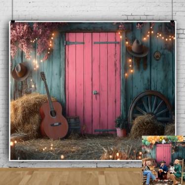 Imagem de Pano de fundo ocidental, 3 x 2,4 m, floral, azul e rosa, porta de celeiro, vaqueira, para sessão de fotos, decorações de festa ocidental, glitter, faixa de fundo de rodeio do oeste selvagem para