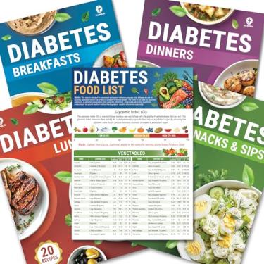 Imagem de HAMIEW Pacote com 5 tabelas de lista de alimentos para diabetes e mais de 80 receitas de planejador de refeições para iniciantes, plano de dieta laminado para diabetes tipo 1 e 2, alimentos para comer