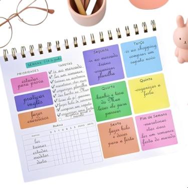 Imagem de Planner Semanal com 50 Folhas, Capa de Acetato e Aramado, Organizador Colorido com Divisões Completo, Anotações, Tarefas, Prioridades e Rotina, Planner Semanal de Mesa