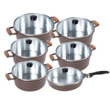 Imagem de Jogo de Panelas 6 Peças Cava em Alumínio Fundido Chocolate com Alça de Madeira e Tampas de Vidro com Frigideira 24cm
