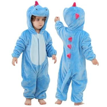 Imagem de MICHLEY Macacão unissex com capuz para bebês com capuz, vestido de animal para festa de Halloween, macacão de 2 a 36 meses, Dinossauro azul, 0-6 Months/Height:22"-27"