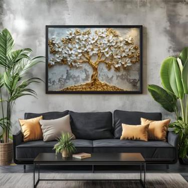 Imagem de Quadro Decorativo Religioso Árvore da Vida, Fundo Branco e Dourado, Emoldurado em Madeira, 100x70 cm