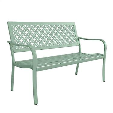 Imagem de Banco externo para pátio, banco de lazer, banco de jardim de metal livre de ferrugem de 2 lugares com encosto requintadamente esculpido para varanda, deck de piscina, bancos de jardim em 4 cores (cor