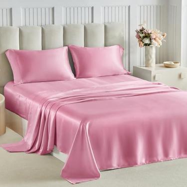 Imagem de Tokokimo Lençóis de cetim king size 4 peças - lençol de cama macio sedoso com bolso profundo de 40,6 cm, sem rugas, cetim rosa, protetor de cabelo e pele, 1 lençol com elástico, 1 lençol de cima, 2