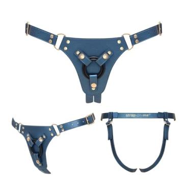 Imagem de Peitoral de couro sintético ajustável, tamanho único PP–2GG, botão de pressão para fácil fixação, brinquedo adulto com alça, Azul, One size fits most: XS - 2X-Large