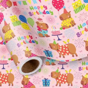 Imagem de LeZakaa Rolo de papel de embrulho de aniversário para crianças - Mini rolo - Capivara fofa em chapéu de festa com balões de bolo presentes em rosa - Embrulho de presente para meninas meninos festa de