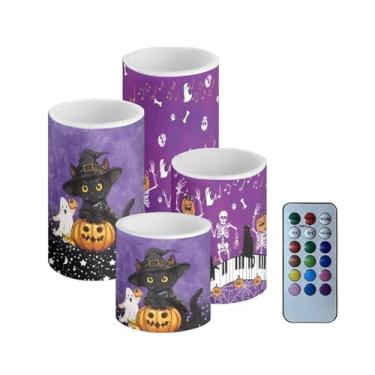 Imagem de Merkmak Conjunto de 4 velas cintilantes de Halloween sem chama operadas por bateria com controle remoto e temporizadores abóbora gato preto LED pilar velas a granel para decoração de festa de doces ou